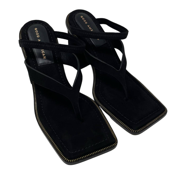 Good American Square Toe Thong Block Heels Suede Black Size 9.5 GA106S-X - Picture 3 of 7